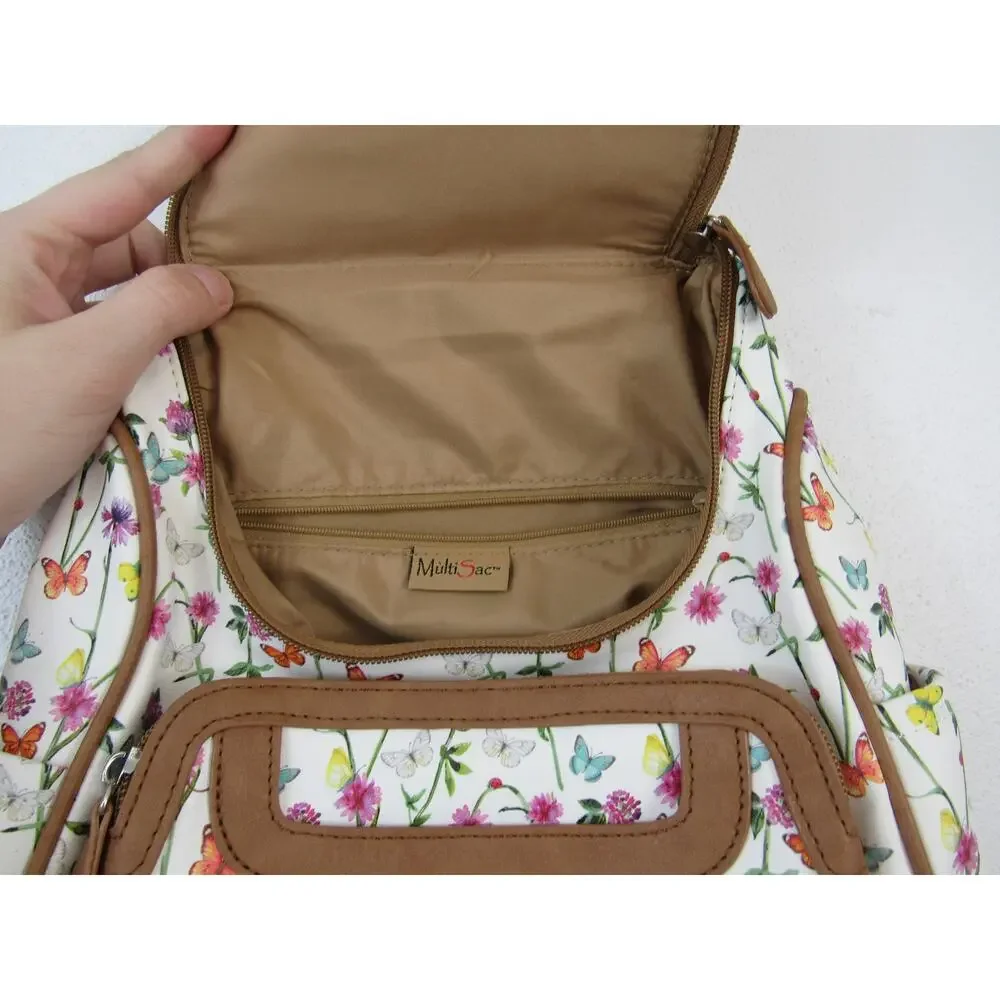 Multisac Major Backpack Floral Butterflies White Brown Multi Pocketed Adjustable